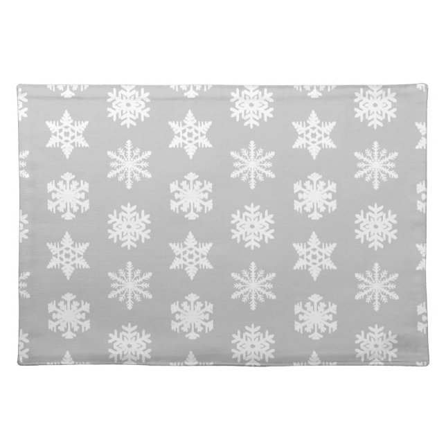 Ikat Snowflakes - Silver grey and white Cloth Placemat (Front)