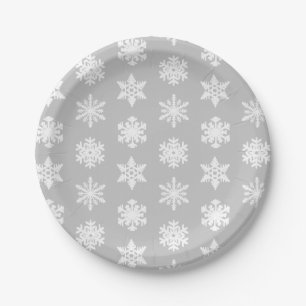 Ikat Snowflakes - Silver grey and white Paper Plates