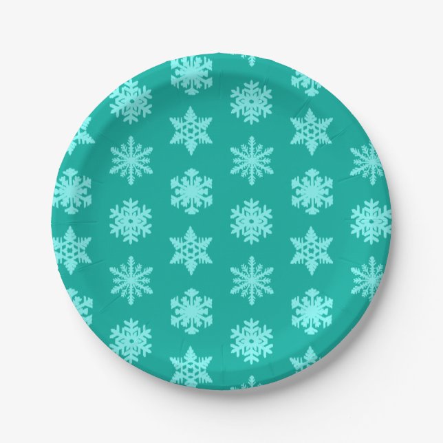 Ikat Snowflakes - Turquoise and aqua Paper Plates (Front)
