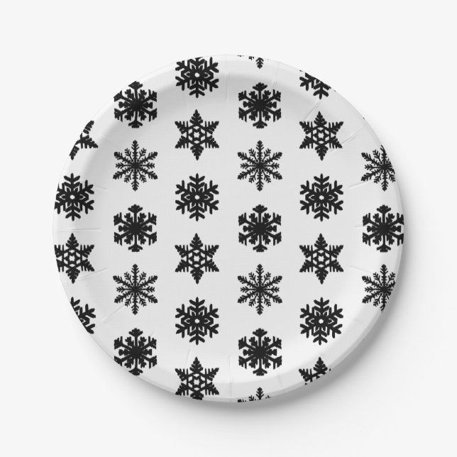 Ikat Snowflakes - White and black Paper Plates (Front)