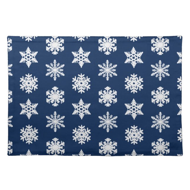 Ikat Snowflakes - White and Dark Navy Blue Cloth Placemat (Front)