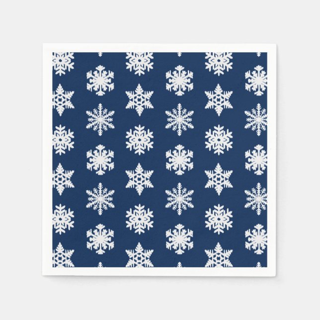 Ikat Snowflakes - White and Dark Navy Blue Paper Napkins (Front)