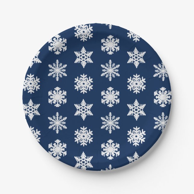 Ikat Snowflakes - White and Dark Navy Blue Paper Plates (Front)