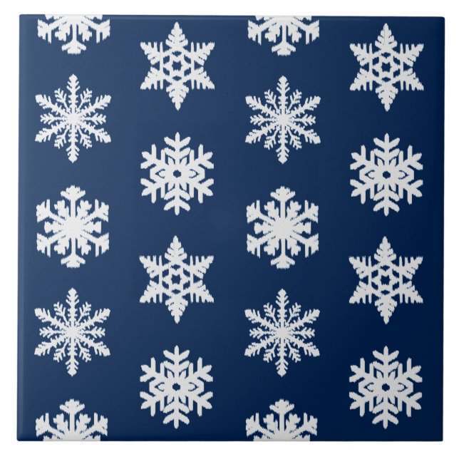 Ikat Snowflakes - White and Dark Navy Blue Tile (Front)