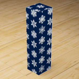 Ikat Snowflakes - White and Dark Navy Blue Wine Box
