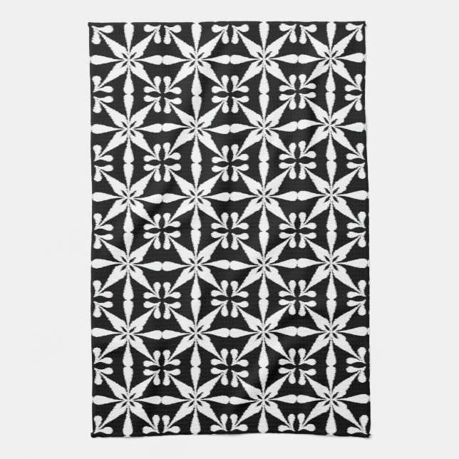 Ikat Star Pattern, Black and White Kitchen Towel (Vertical)