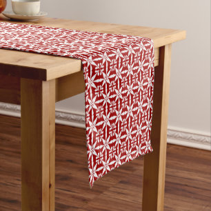 Ikat Star Pattern, Dark Red and White Short Table Runner