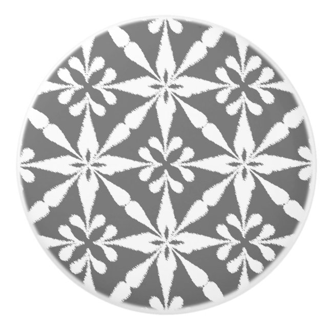 Ikat Star Pattern - Grey / Gray and White Ceramic Knob (Front)