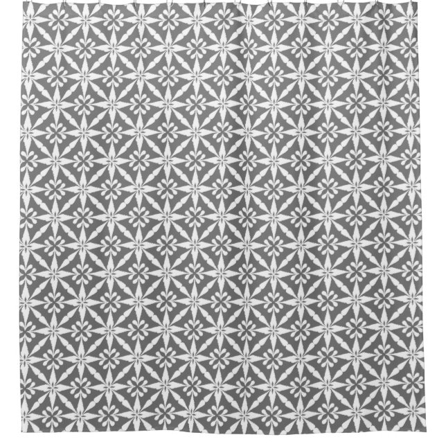 Ikat Star Pattern - Grey / Gray and White Shower Curtain (Front)