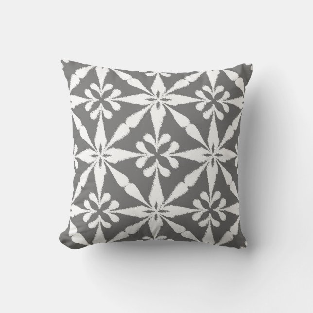 Ikat Star Pattern - Grey / Gray and White Throw Pillow (Front)