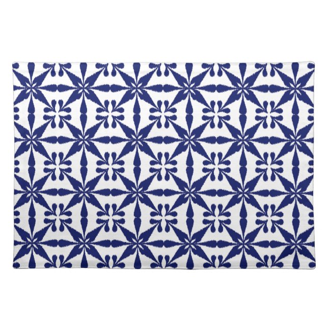 Ikat Star Pattern, Navy Blue and White Cloth Placemat (Front)