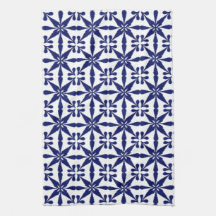 Ikat Star Pattern, Navy Blue and White Kitchen Towel