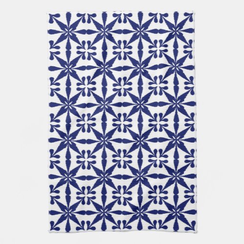 Ikat Star Pattern Navy Blue and White Kitchen Towel