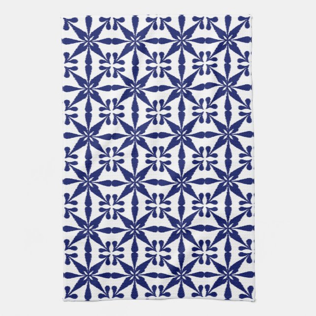Ikat Star Pattern, Navy Blue and White Kitchen Towel (Vertical)