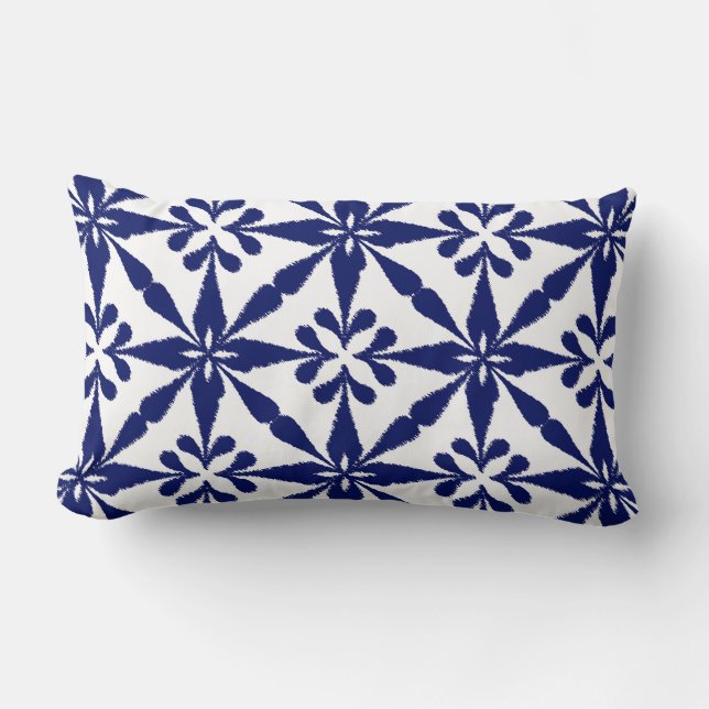Ikat Star Pattern - Navy Blue and White Lumbar Pillow (Front)