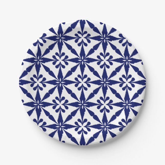 Ikat Star Pattern - Navy Blue and White Paper Plates (Front)