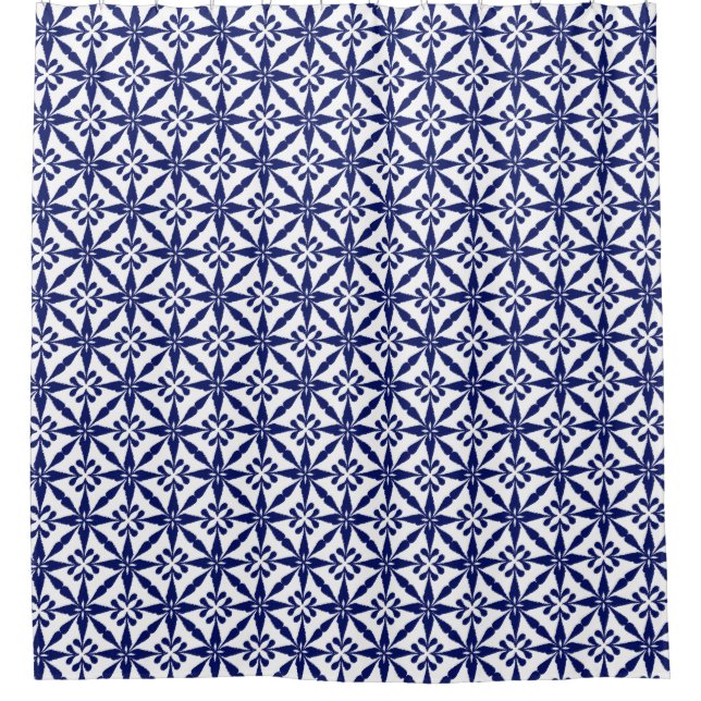 Ikat Star Pattern - Navy Blue and White Shower Curtain (Front)