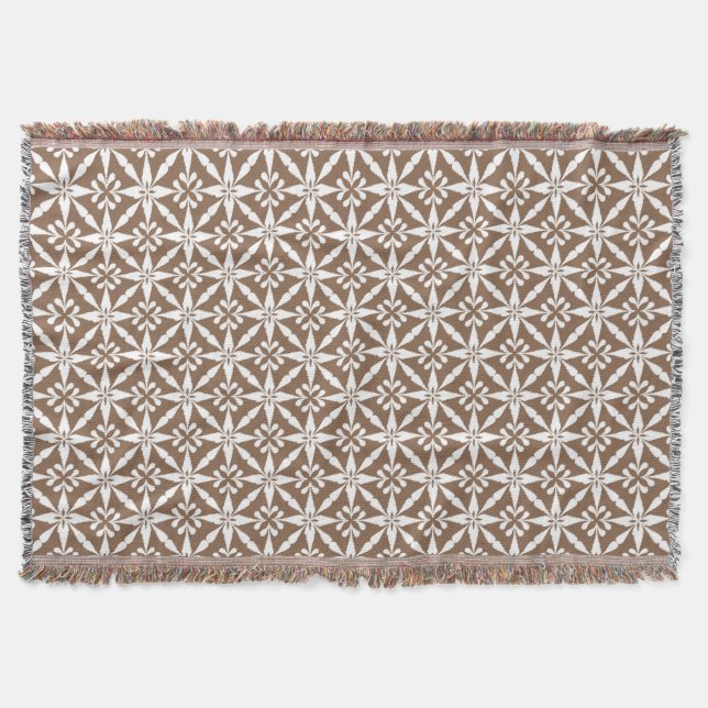 Ikat Star Pattern - Taupe Tan and White Throw Blanket (Front)
