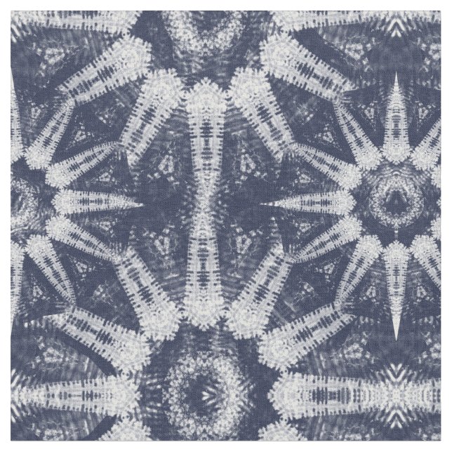 Ikat Style Navy White Big Starburst Pattern Fabric (Close Up)