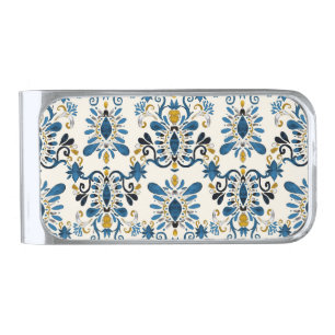 Ikat tie-dye, tribal watercolor silver finish money clip