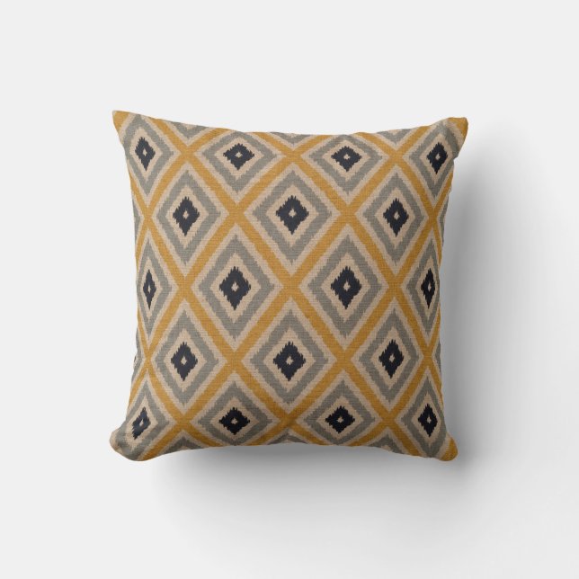 Ikat Tribal Diamond Pattern Yellow Blue Brown Throw Pillow (Front)