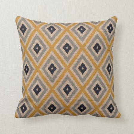 Ikat Tribal Diamond Pattern Yellow Blue Brown Throw Pillow
