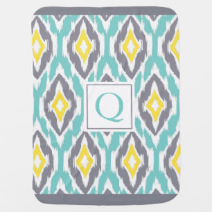 Ikat Tribal Monogram aqua yellow gray Baby Blanket