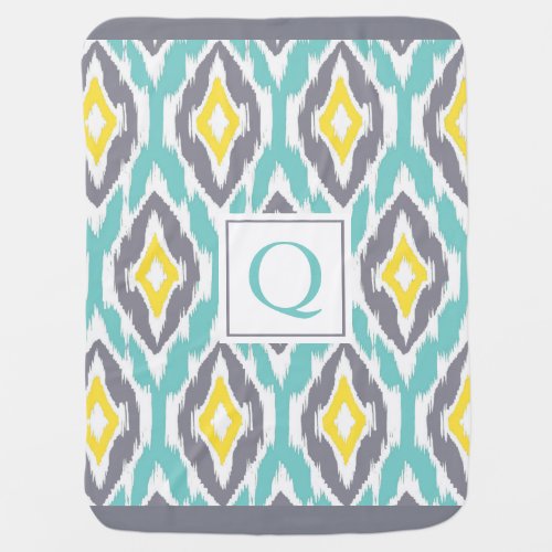 Ikat Tribal Monogram aqua yellow gray Baby Blanket