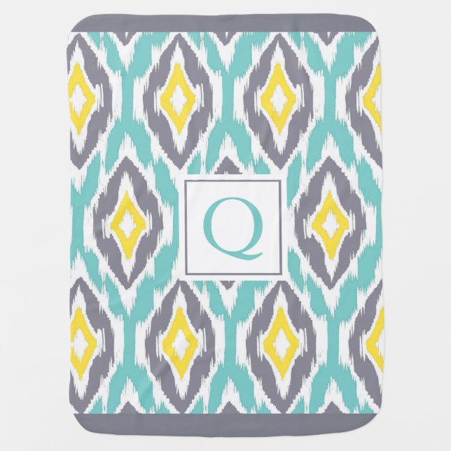 Ikat Tribal Monogram aqua yellow gray Baby Blanket (Front)