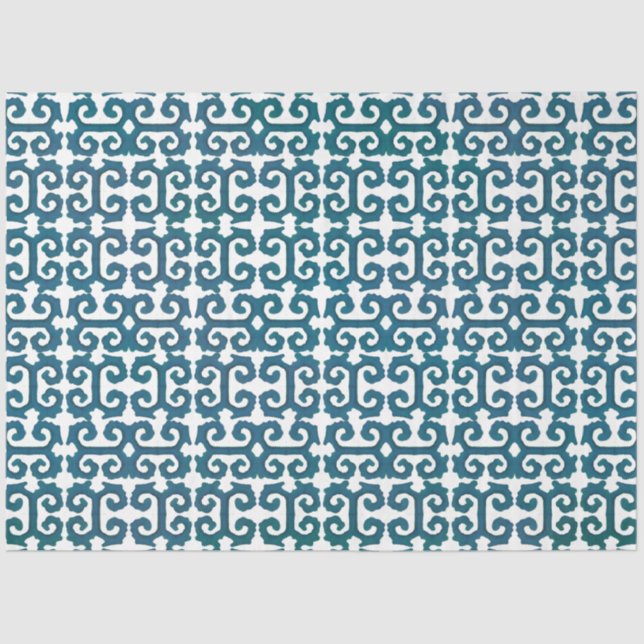 IKAT Tribal Pattern Teal Blue Greek Key Decoupage Tissue Paper (Front)