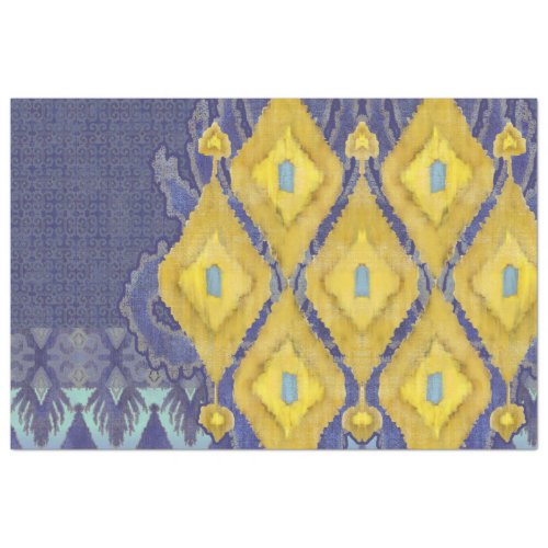 IKAT Uzbekistan Antique Tribal Blue Yellow Pattern Tissue Paper
