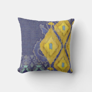 IKAT Uzbekistan Antique Tribal Pattern Navy Yellow Throw Pillow