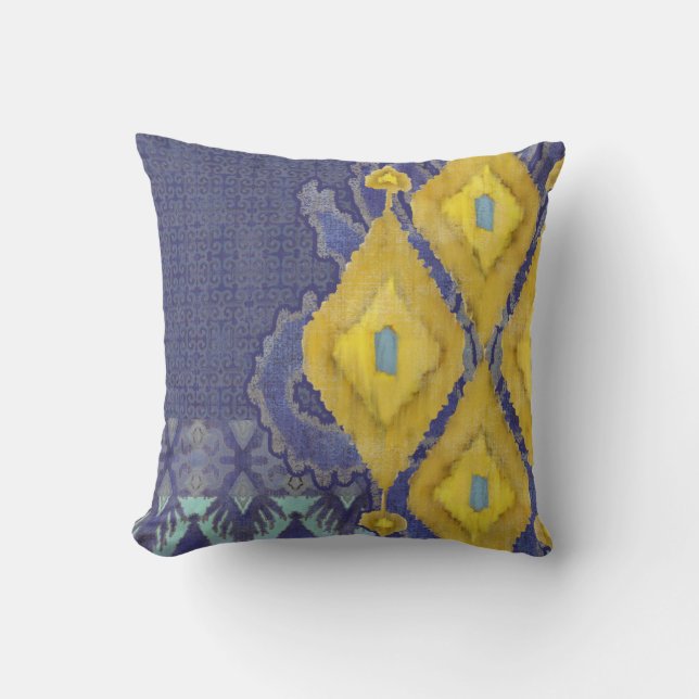IKAT Uzbekistan Antique Tribal Pattern Navy Yellow Throw Pillow (Front)
