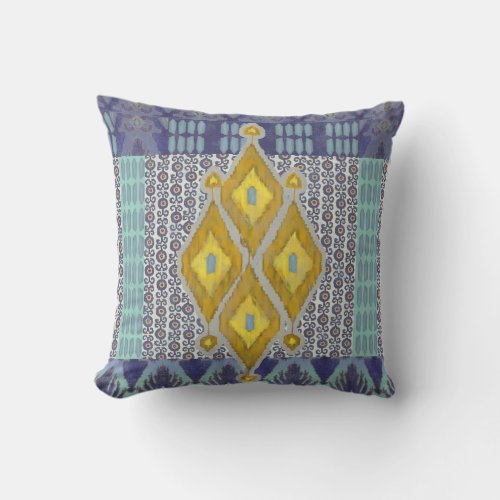 IKAT Uzbekistan Vintage Tribal Pattern Navy Yellow Throw Pillow