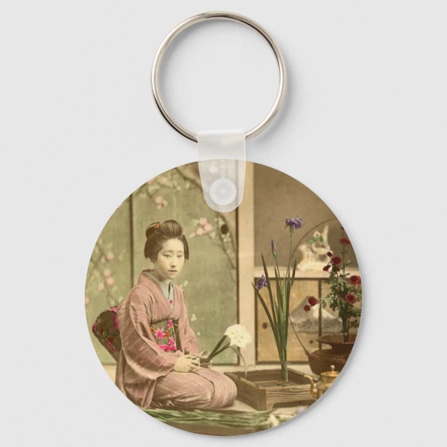 Ikebana - Beautiful Kimono Girls Arranging Flowers Keychain (Front)