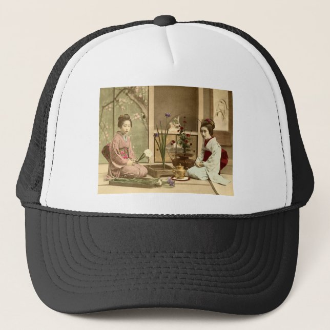 Ikebana - Beautiful Kimono Girls Arranging Flowers Trucker Hat (Front)
