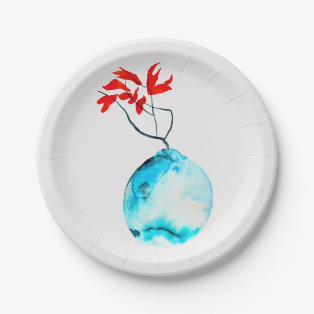 Ikebana watercolor blue vase paper plates (Front)