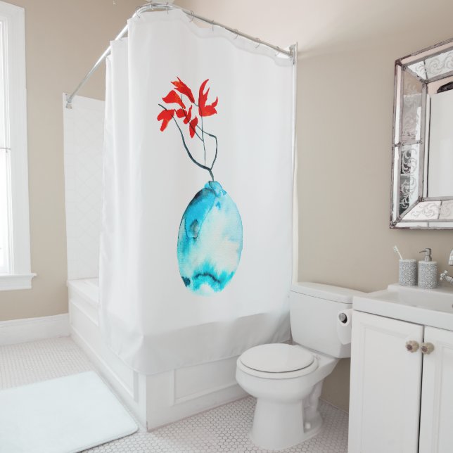 Ikebana watercolor blue vase shower curtain (In Situ)
