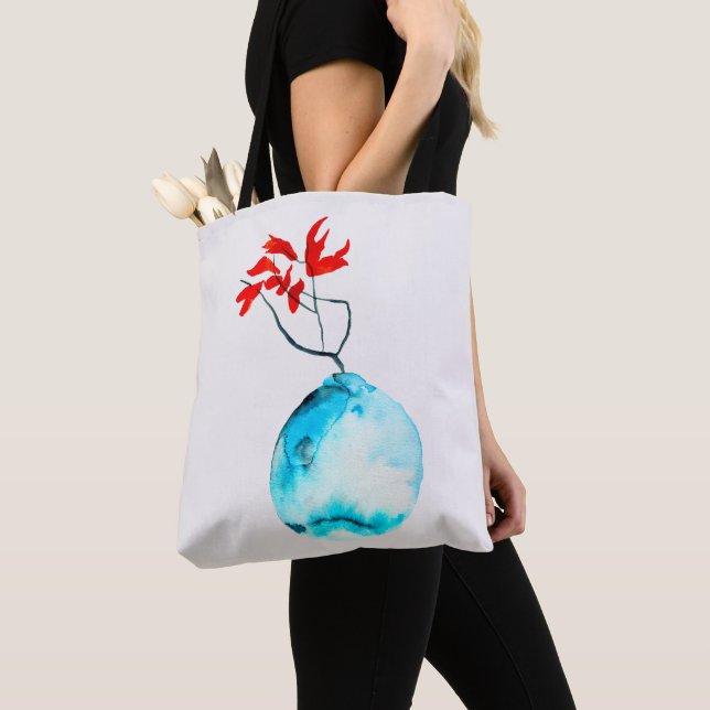 Ikebana watercolor blue vase tote bag (Close Up)
