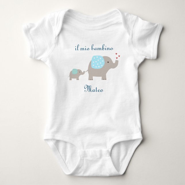 "il mio bambino" baby bodysuit with elephants (Front)