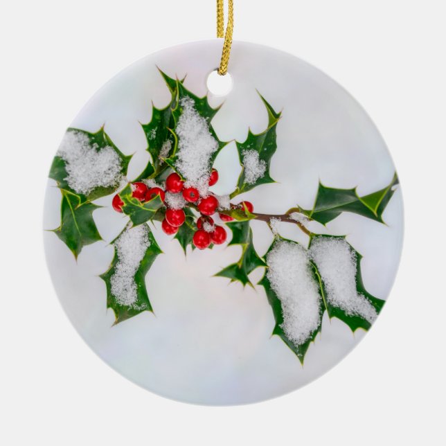 Ilex Red Christmas Holly Berries in Winter Snow -- Ceramic Ornament (Front)
