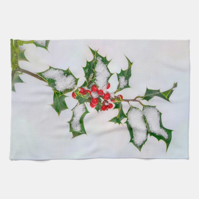 Ilex Red Christmas Holly Berries in Winter Snow -- Kitchen Towel (Horizontal)