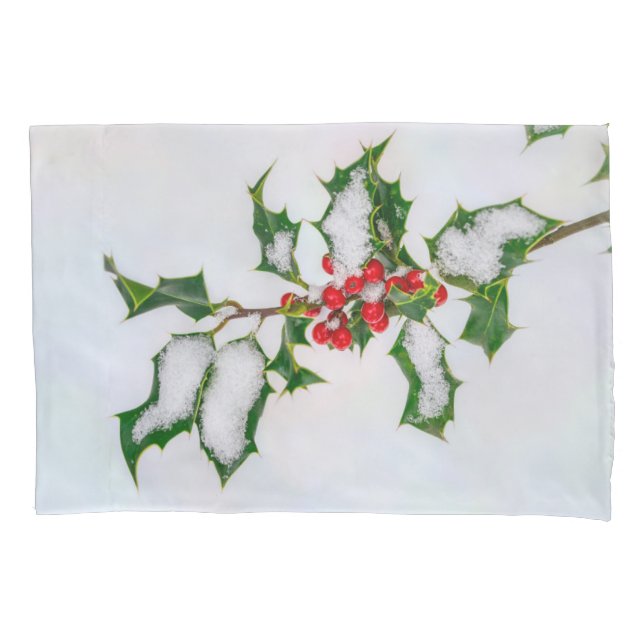 Ilex Red Christmas Holly Berries in Winter Snow -- Pillow Case (Front)