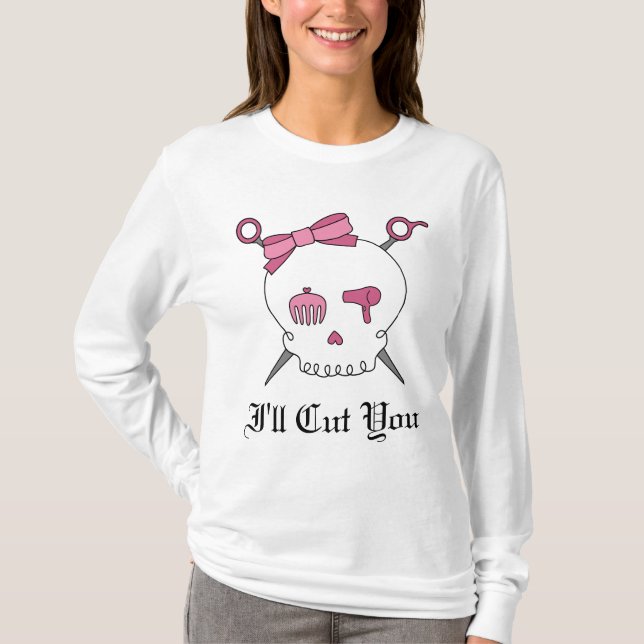 I'll Cut You Hair Skull & Scissor Crossbones -Pink T-Shirt (Front)