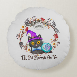 I'll Put Magic On You – Black Witch Cat Halloween Round Pillow