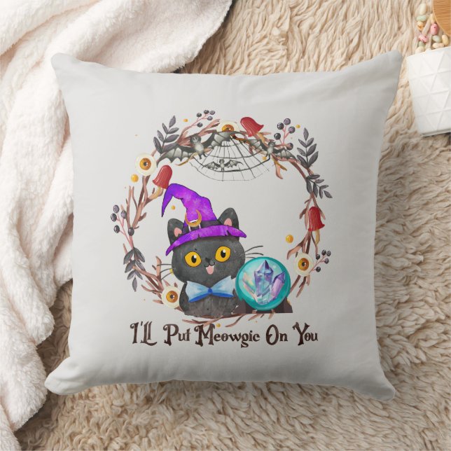 I'll Put Magic On You – Black Witch Cat Halloween  Throw Pillow (Blanket)