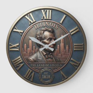 Illinois Abraham Lincoln Chicago Skyline Est. 1818 Large Clock