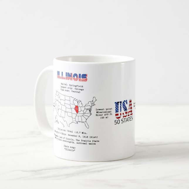 Illinois American state on a map and useful info Coffee Mug (Front Left)