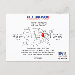 Illinois American state on a map and useful info Holiday Postcard