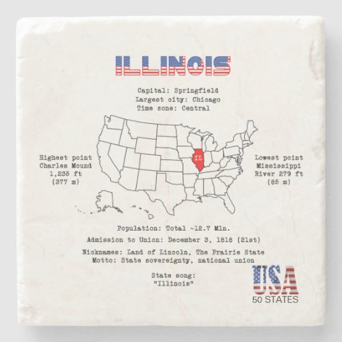 Illinois American state on a map and useful info Stone Coaster